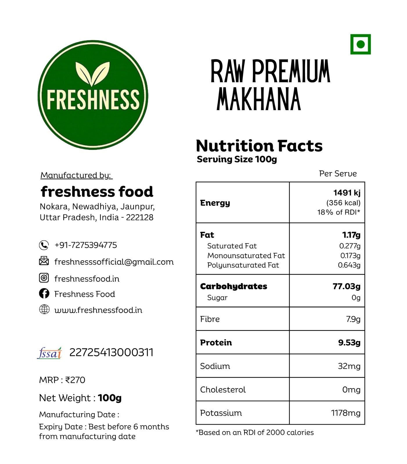 Freshness Raw Premium Makhana (Lotus Seeds) (100 g)